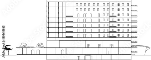 Technical architectural elevation of a modern multi-story residential building featuring a grid of balconies, windows, and ground-floor arches.