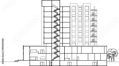 Technical vector illustration of a building cross-section, showing internal floor levels, a central staircase, and exterior structural facade.