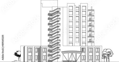 Architectural vector illustration of a modern multi-story building facade featuring a prominent zigzagging exterior staircase and linear windows.