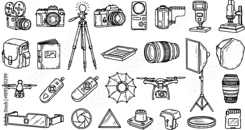 Photography and Videography Industry Equipment Hand-Drawn Black  White Line Art Icon Set