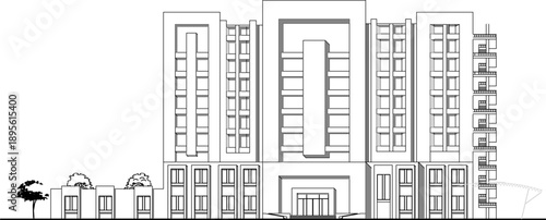 Technical vector illustration of a modern multi-story building facade featuring symmetrical rectangular blocks and a clean linear design.