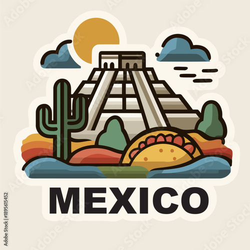 Colorful Sticker Illustration of Mexican Pyramid, Cactus, Sun, and Taco
