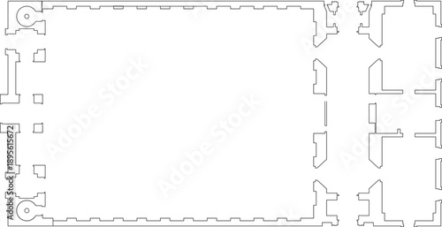 Minimalist architectural vector of a large building floor plan, featuring precise wall outlines, interior chambers, and column details.