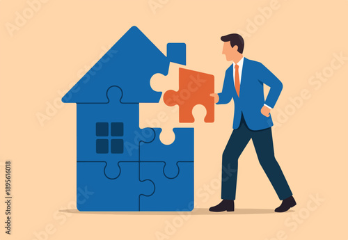  Plan to buying new house or renovation, mortgage loan or housing expense, property maintenance or real estate insurance concept, smart businessman put jigsaw to complete or finishing house puzzle..