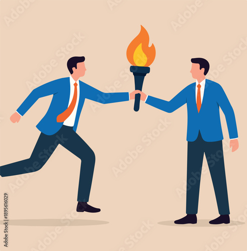  Successor plan, baton pass or transfer to new chosen leader, change new CEO or collaboration to achieve goal and win business competition concept, smart businessman leader passing torch to successor
