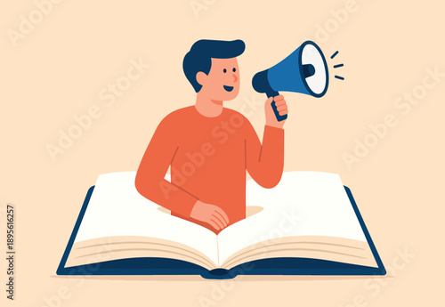 Storytelling communicate brand story or idea to listener, narrative message, content or article writing or advertising creativity concept, young man on opening book telling story on megaphone.
