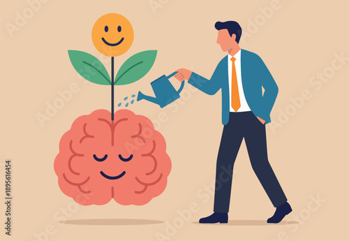  Wellbeing, happiness or positive attitude, relaxation to reduce anxiety increasing positive emotion, feeling or mental wellbeing concept, man watering brain growing happy smiling face seedling plant