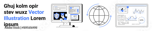 Technology, data analysis, cybersecurity, global communication, online applications, web services. Computer with data screens, globe symbol and analytics display. Technology and data analysis