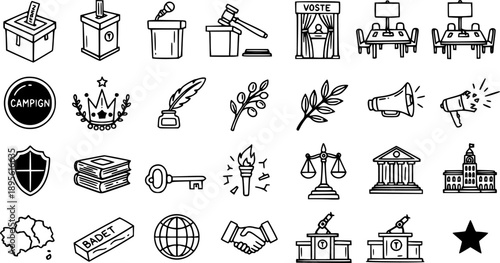 Election Icons, Government Symbols, Voting Graphics, Black and White Line Art for Political Campaigns