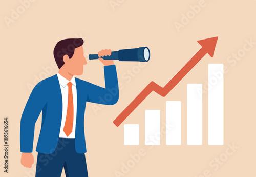 Investment upside potential, economy prediction or forecast, vision or analyze future, business growth or earning increase concept, businessman look through telescope to see investment growing graph.