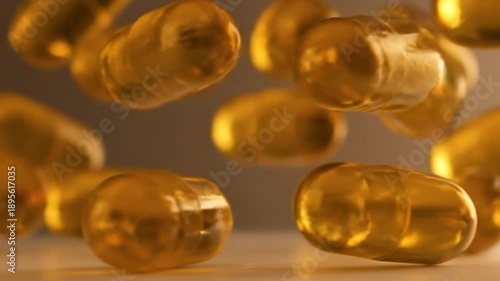 Golden Capsules Descend, Illuminated by Soft Light, Creating a Health and Wellness Aesthetic.