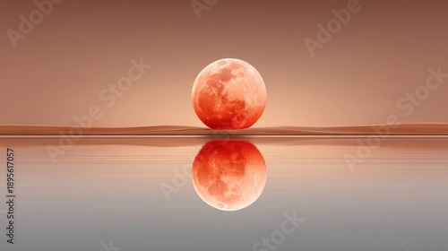 Majestic Red Moon Rising Over Tranquil Water at Dusk