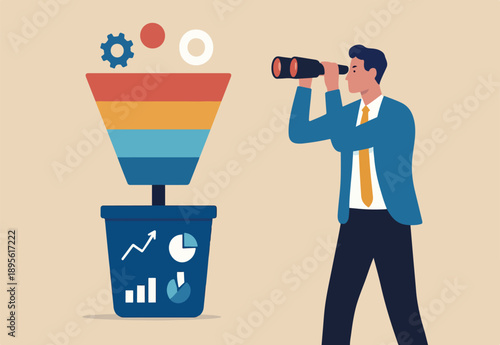 Marketing funnel sales prospect discovery, lead generation or Martech and analytics optimization, insight or customer data, conversion rate concept, businessman look binoculars in marketing funnel.