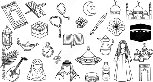 Islamic Cultural Icons: Black and White Line Art Collection