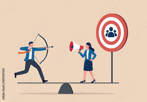  Target audience for advertising, HR finding candidate for job vacancy, finding customer or client, people focus group research concept, businessman shooting bow on people target bullseye.