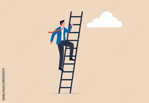 Ladder of success, vision to lead business to achieve goal or opportunity in career concept, smart confident businessman leader climb up to reach top of ladder high in the sky look forward to future.