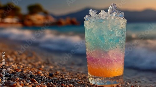 Wallpaper Mural Refreshing layered beverage with ice on a shoreline with gentle waves Torontodigital.ca