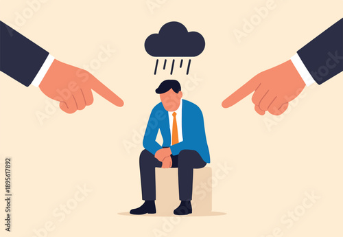 Toxic work, abuse or bullying colleagues, bad culture make exhausted depressed employee giant boss hands pointing and blaming at depressed businessman employee.