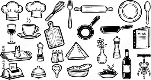 Black and White Line Art Kitchen and Restaurant Utensils Collection. Hand Drawn Food and Cooking Tools Vector Icons Set.
