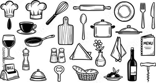 Black and White Line Art Food and Restaurant Icon Set with Kitchen Utensils, Chef Hats, and Dining Items