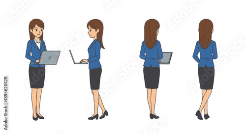 Professional Businesswoman Character Set with Laptop. Four views (Front, Side, Back) of female office worker in corporate suit.