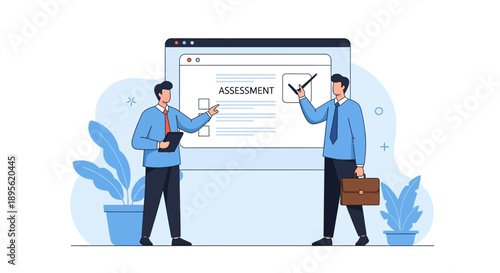 Businessmen Reviewing Digital Assessment Checklist. Corporate evaluation, online testing, performance review, and feedback concept illustration.