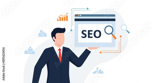 Professional Businessman Holds SEO Screen for Search Engine Optimization. Digital Marketing Strategy, Web Traffic Analysis, and Online Ranking Concept Illustration.