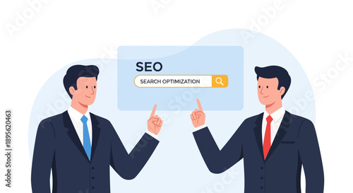 SEO Strategy: Businessmen Pointing at Search Optimization Bar for Digital Marketing Success