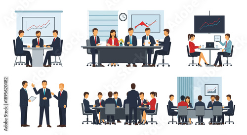 Business Meeting Vector Set: Corporate Teamwork, Negotiation, Strategy, and Presentation Flat Illustrations