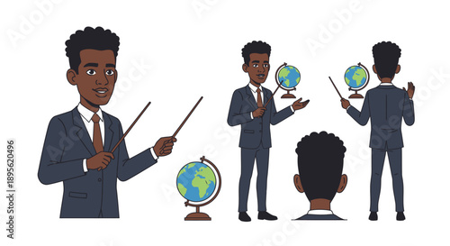 African American Teacher or Businessman Presenting World Geography with Pointer and Globe. Vector Cartoon Character Illustration Set on White.