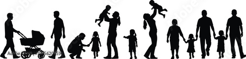 Silhouette family figures with parents, children, baby stroller, caregiving, bonding, childhood development, unity, parenting, love, support, generational connection illustration
