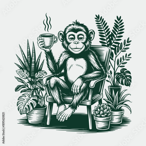 Chimpanzee holding a steaming coffee mug sits in a chair surrounded by houseplants
