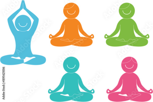 Colorful yoga and meditation icon set with seated lotus poses and raised-arms posture, representing mindfulness, wellness, balance, and healthy lifestyle