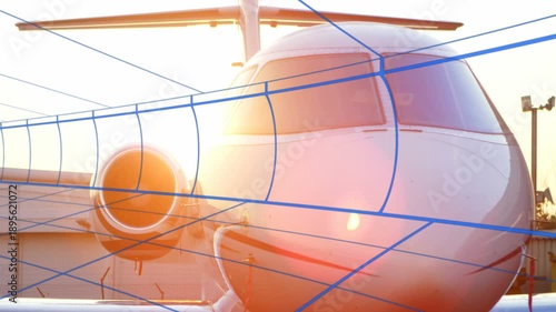 Low sun glare fading, camera moving forward while blue grid sweeping, revealing jet nose details