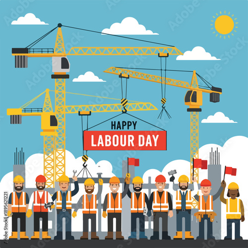 A cartoon celebrating Labour Day with workers, cranes, and clouds