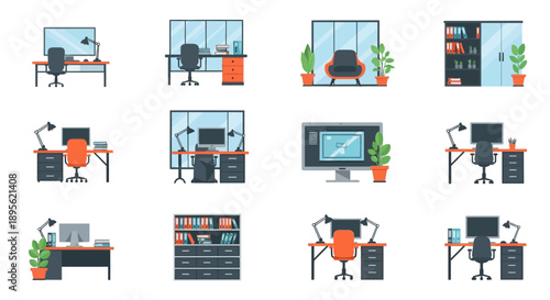 Flat Design Modern Office Interior Elements Set. Desk, Chair, PC, and Cabinet Vector Collection.