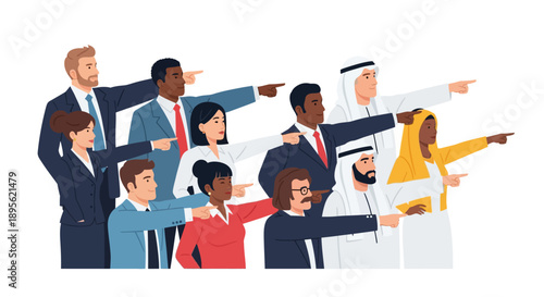 Diverse Group of Business Professionals Pointing Directions. Multi-Ethnic Team Targeting Goals and Focus. Isolated Vector.