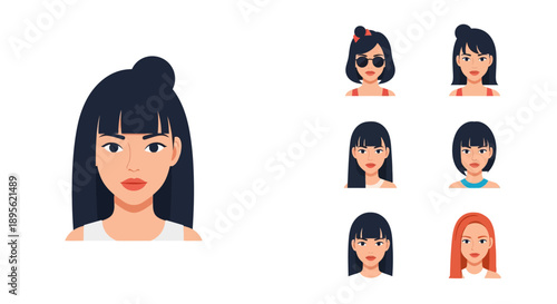 Diverse Female Avatar Collection: Vector Portraits for Profile Pictures, User Interface (UI), and Character Design Set.