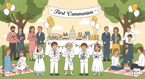 A cartoon illustration of a First Communion celebration with people