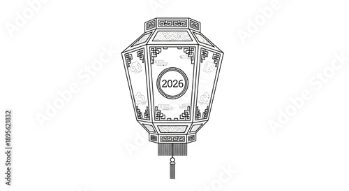 A detailed vector illustration of a Chinese lantern with a red and gold design, featuring the year 2026, against a clean white background.