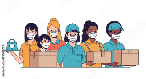 Diverse Delivery Team Wearing Face Masks Holding Packages and Scale. Essential Workers Providing Safe Logistics Service.