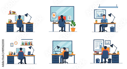 Office Desk Workers Illustration Set. Business Professionals Sitting at Workplace Stations, Working Diligently on Computers and Laptops.