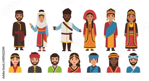 Silk Road People Characters Set. Diverse Ethnicities in Traditional Clothing. Historical Asian and Middle Eastern Cultures Vector Illustration.