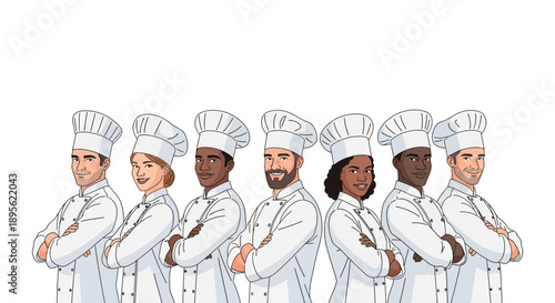 Diverse Group of Chefs Team Illustration. Smiling professional culinary staff in uniform with arms crossed. Restaurant workers on clean white background.