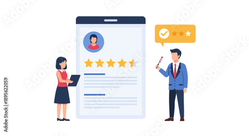 Customer Feedback Success: Business Team Analyzing 4.5 Star Review and Rating Score on Mobile App Interface