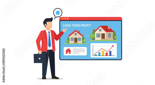 Long-Term Real Estate Profit Strategy Presentation. Financial advisor illustrating property investment growth and asset management concepts.