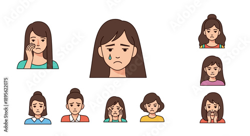 Sad and Upset Women Avatar Faces Set. Collection of Vector Illustrations Showing Crying, Grief, Worry, Disappointment, and Negative Emotions