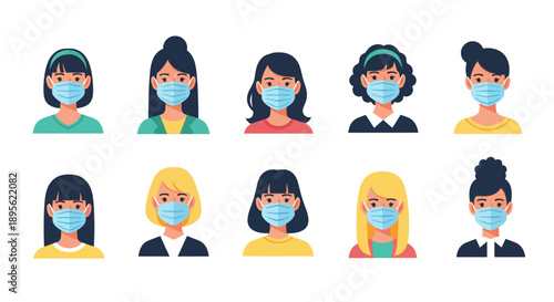 Diverse Women Wearing Medical Face Masks Avatar Set Vector Illustration. Female characters in surgical masks icons for public health and safety concepts.
