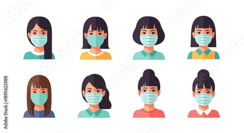Diverse Women Avatars Set Wearing Medical Face Masks. Flat design icons for safety, public health, and virus prevention protocols.