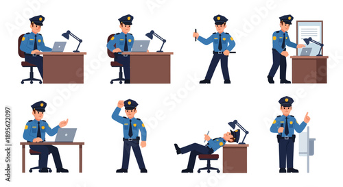 Police Officer Character Set Vector. Policeman working on laptop, standing, directing, and saluting. Law enforcement professional duties illustration collection.